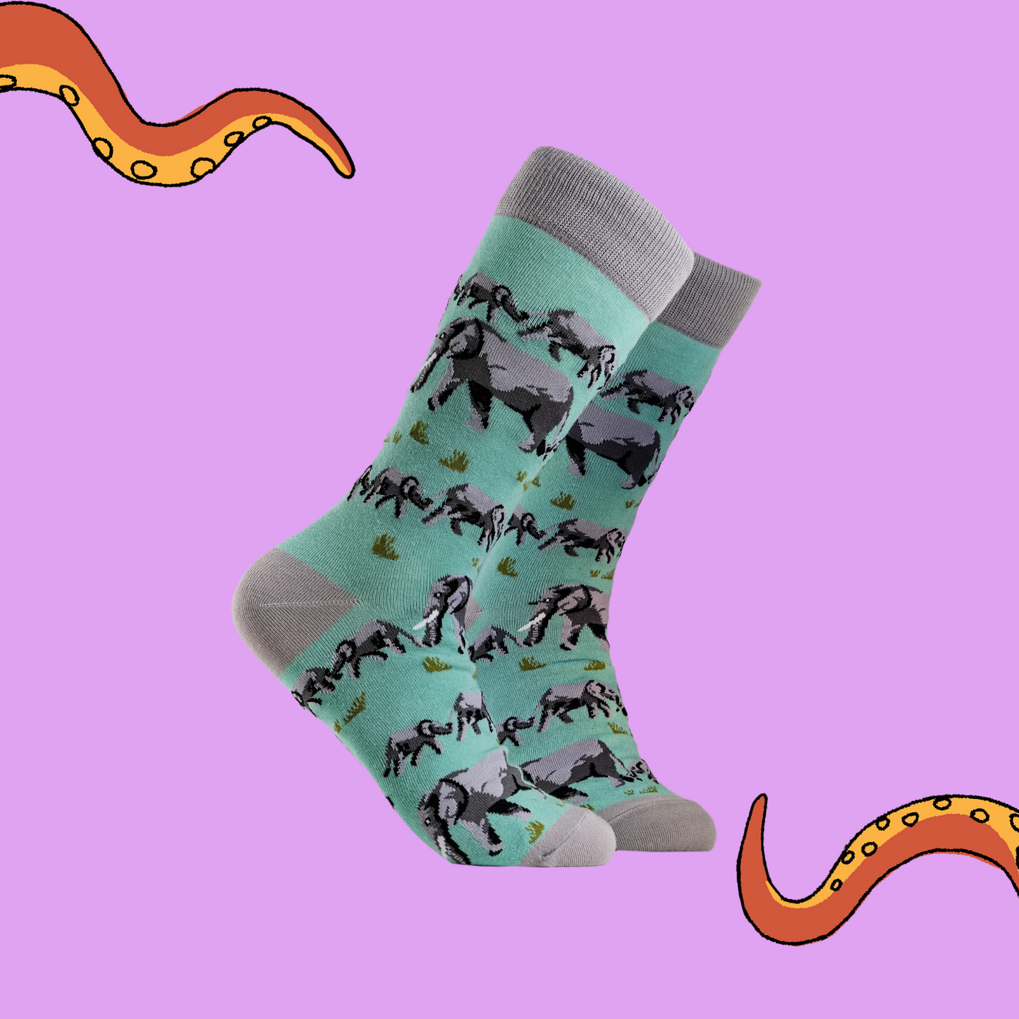A pair of socks depicting elephants. Turquoise legs, grey cuff, heel and toe.