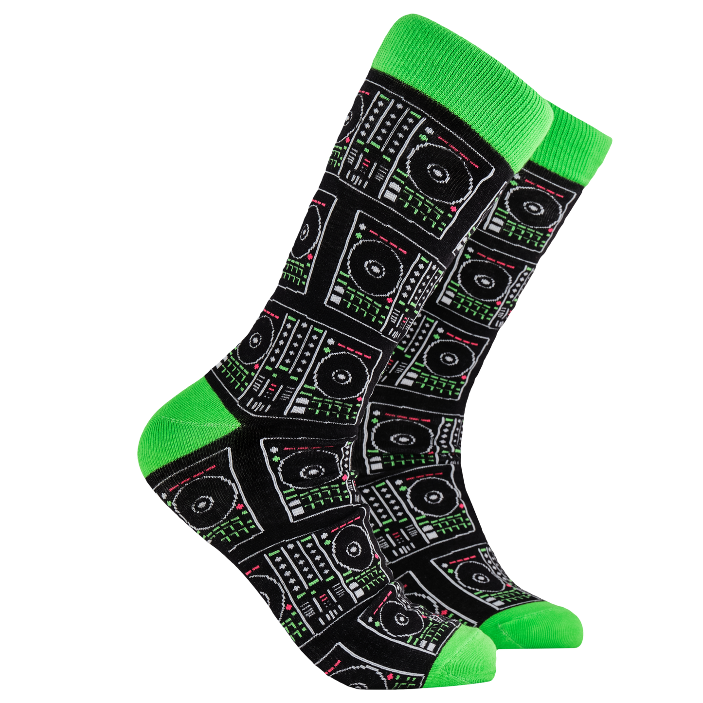 DJ Socks - A DJ Saved My Life. A pair of socks depicting digital DJ controllers. Black legs, green cuff, heel and toe.
