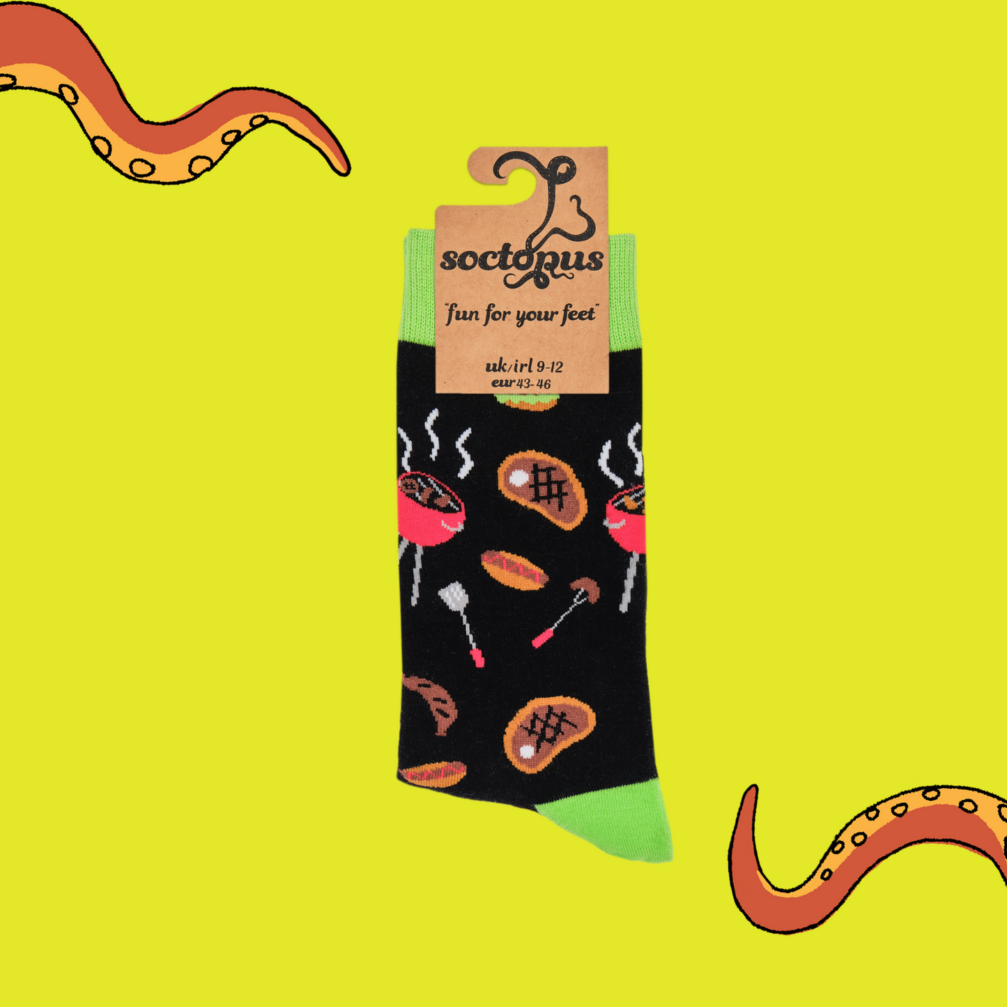 
                  
                    A pair of socks depicting Meat and BBq tools. Black legs, green cuff, heel and toe. In Soctopus Packaging.
                  
                