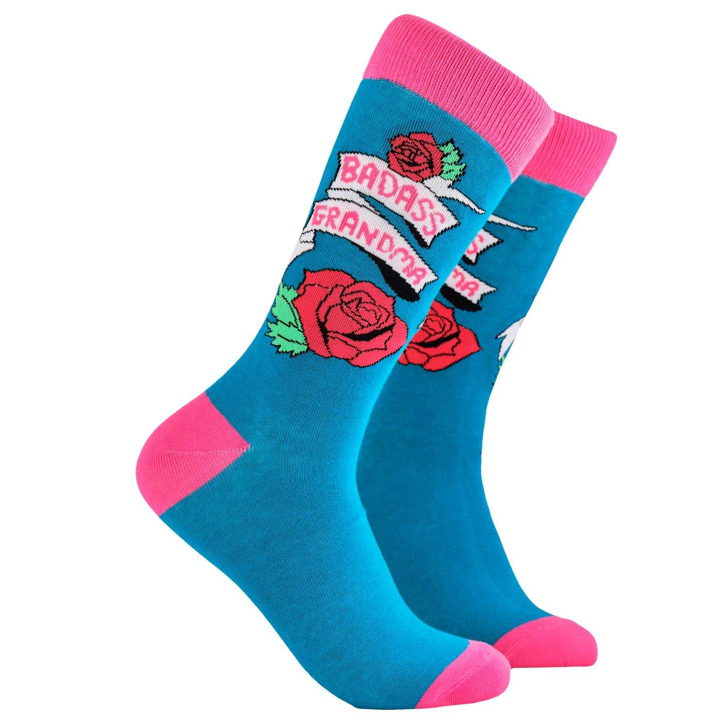 Badass Grandma Socks. A pair of socks depicting roses and the phrase Baddass Grandma. Blue legs, pink cuff, heel and toe.