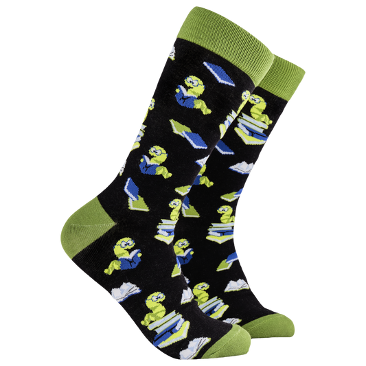 Reading Socks - Bookworm. A pair of socks depicting worms reading books. Black legs, green cuff, heel and toe.