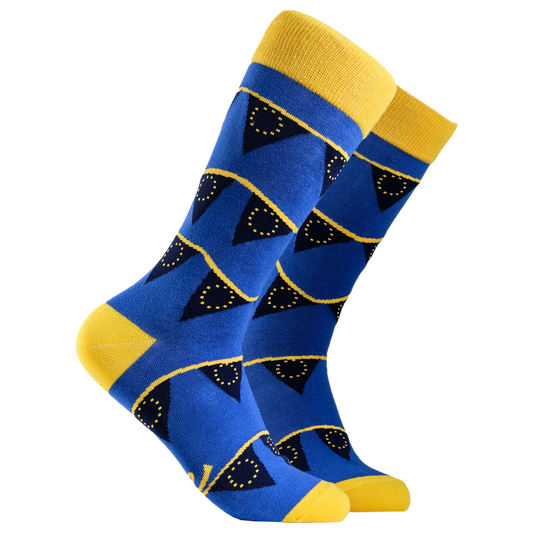 EU Bunting Socks. A pair of socks depicting the EU flag on bunting. Blue legs, yellow cuff, heel and toe.