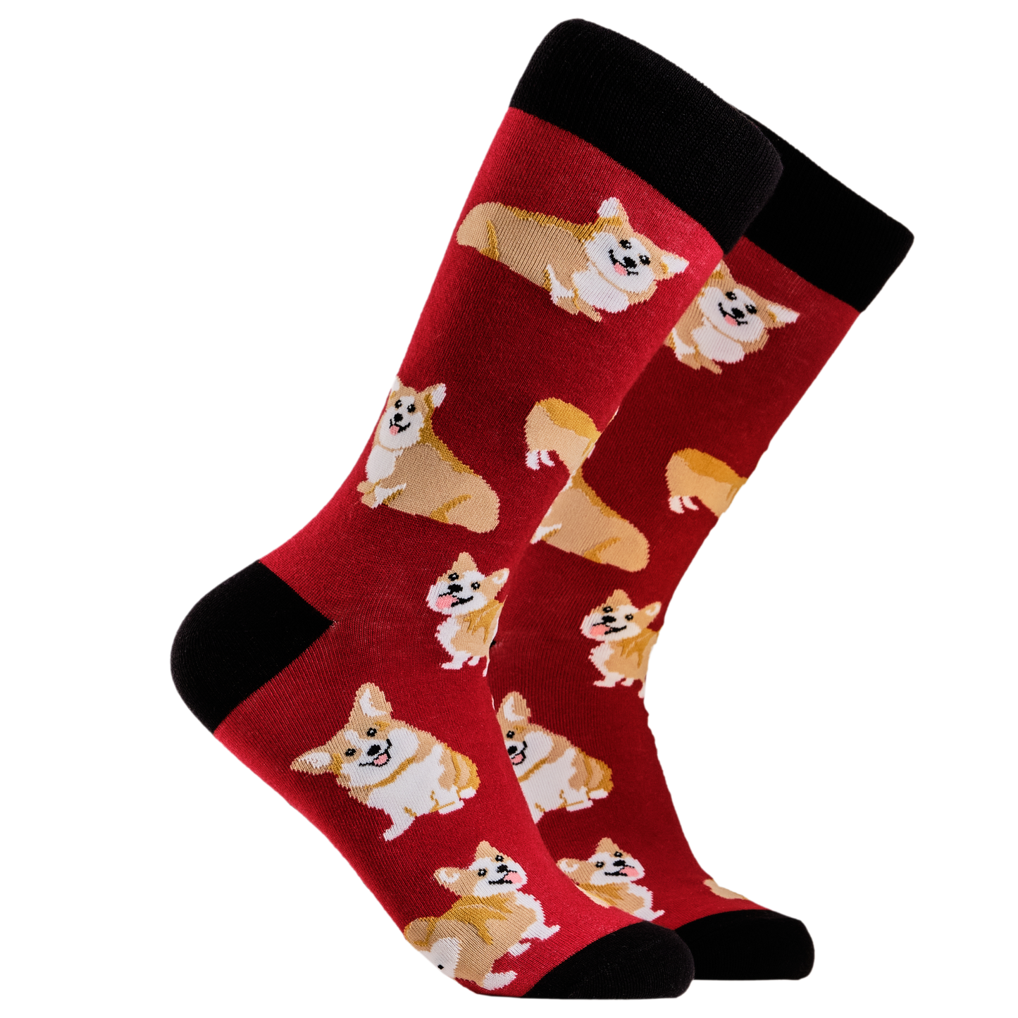 
                  
                    Corgis Socks. A pair of socks depicting corgis. Red legs, black cuff, heel and toe.
                  
                