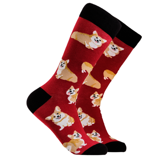 Corgis Socks. A pair of socks depicting corgis. Red legs, black cuff, heel and toe.