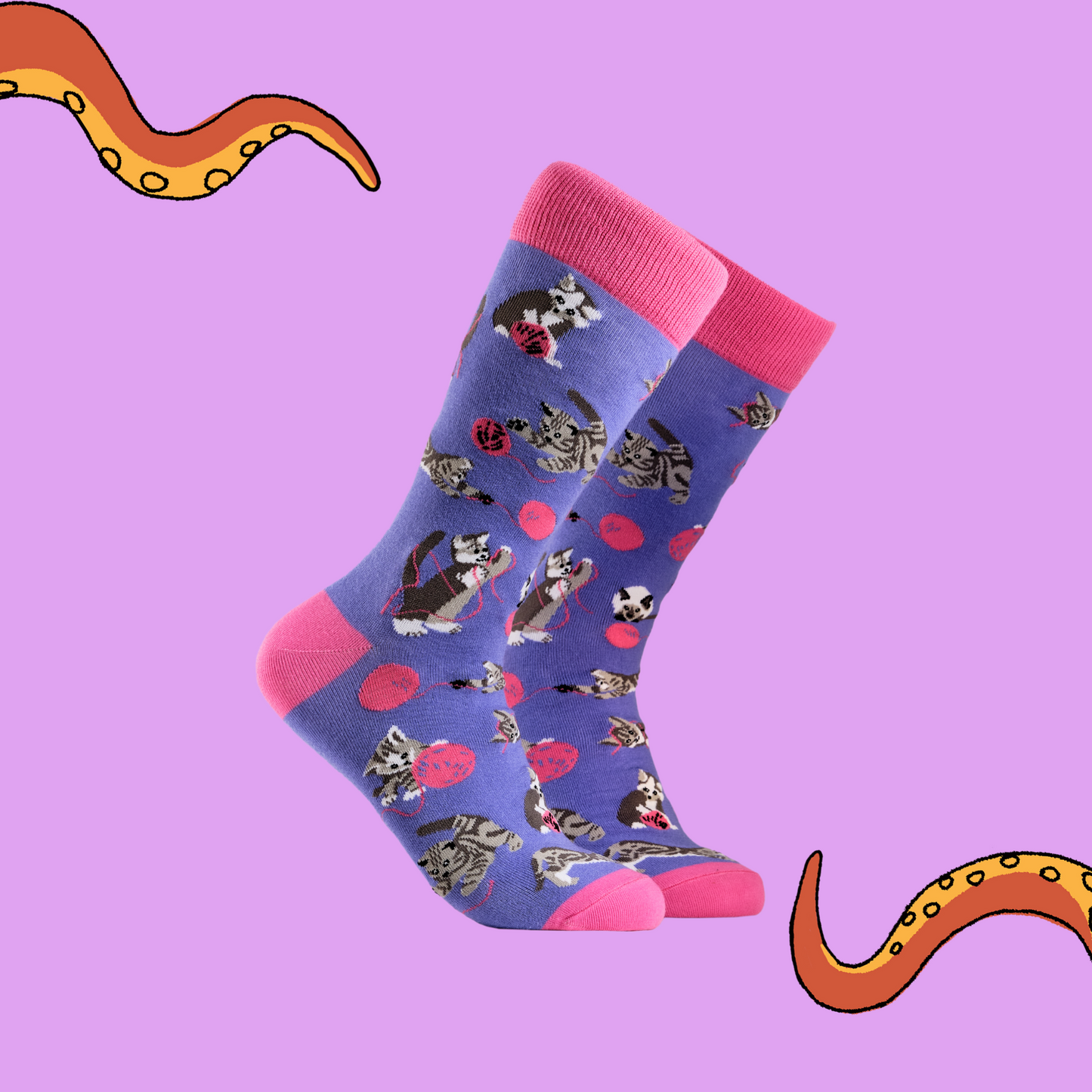 A pair of socks depicting cats playing with wool. Purple legs, pink cuff, heel and toe.