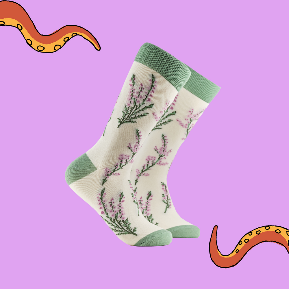 A pair of socks depicting wild heather. Cream legs, green cuff, heel and toe.