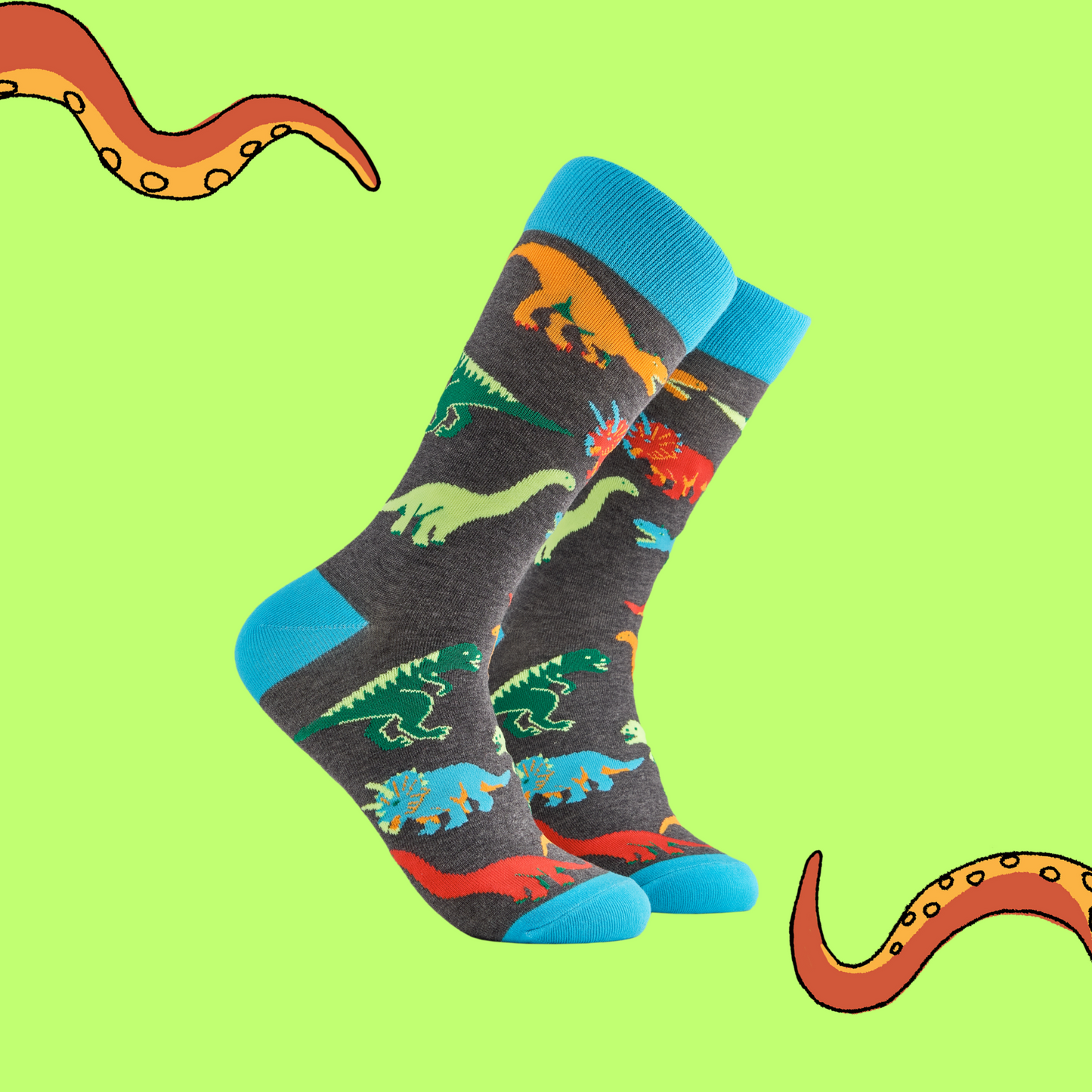 A pair of socks depicting dinosaurs. Grey legs, light blue cuff, heel and toe.