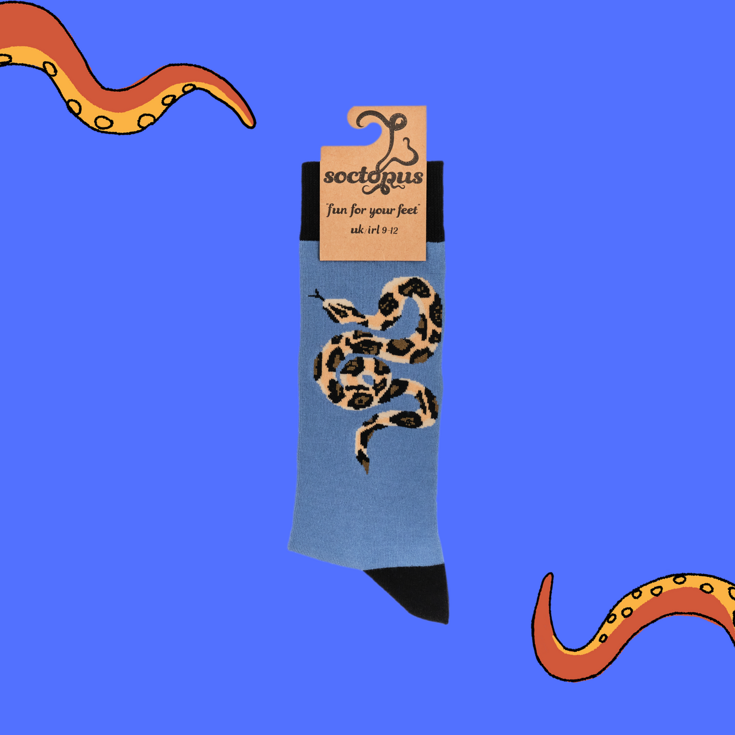
                  
                    A pair of socks depicting a python. Blue legs, black cuff, heel and toe. In Soctopus Packaging.
                  
                