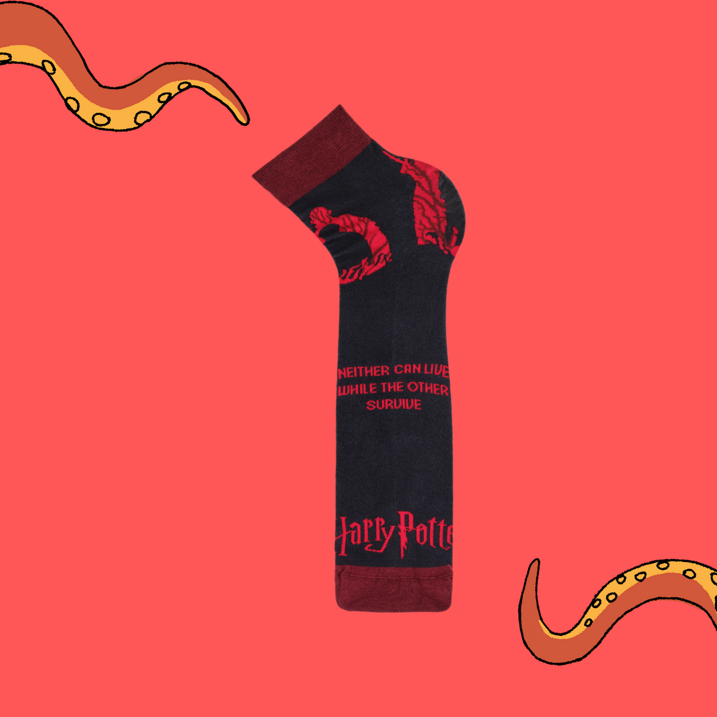 
                  
                    A pair of socks depicting scenes from Harry Potter. Grey legs, red cuff, heel and toe. 
                  
                
