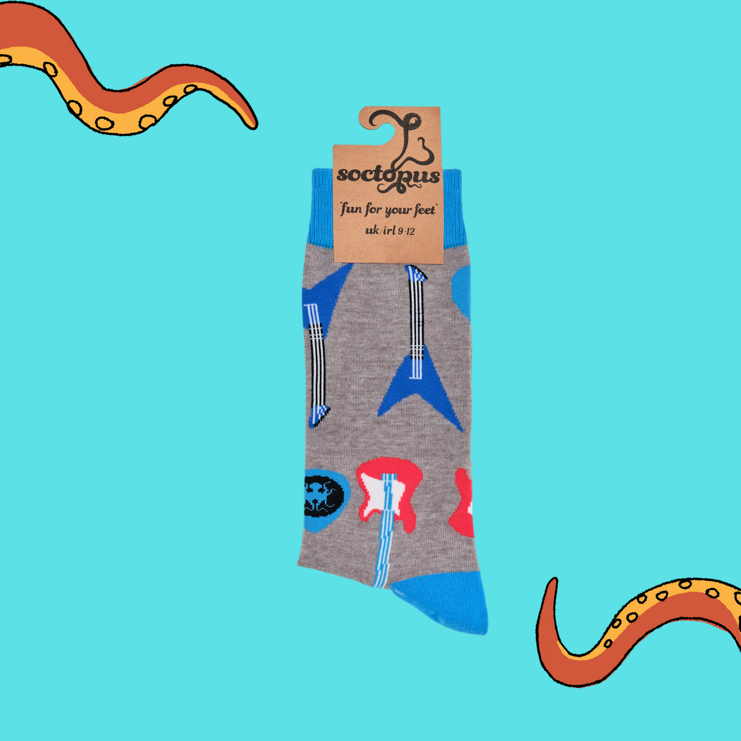 
                  
                    A pair of socks depicting classic rock guitars. Grey legs, blue cuff, heel and toe. In Soctopus Packaging.
                  
                