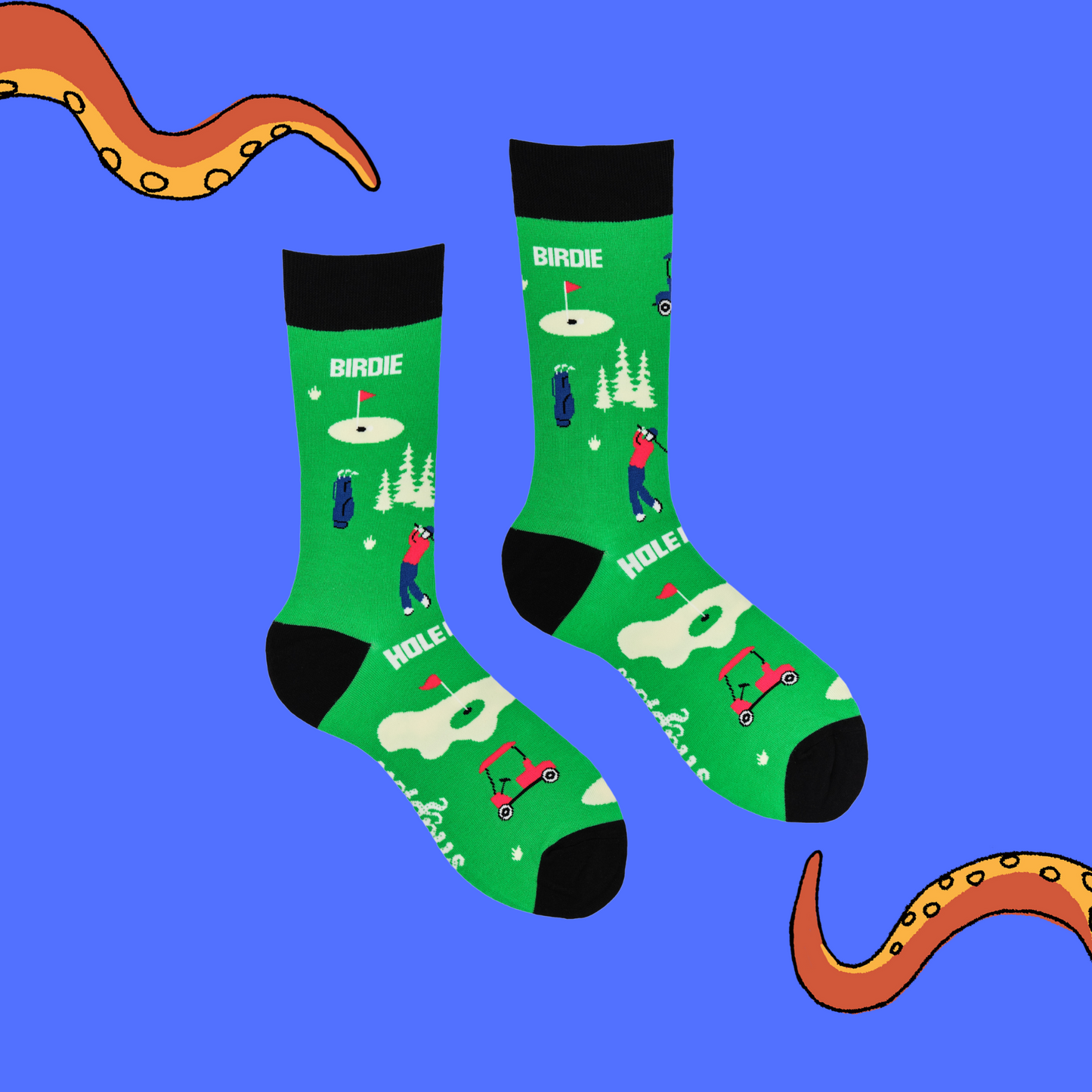 
                  
                    A pair of socks depicting golf. Green legs, black cuff, heel and toe.
                  
                