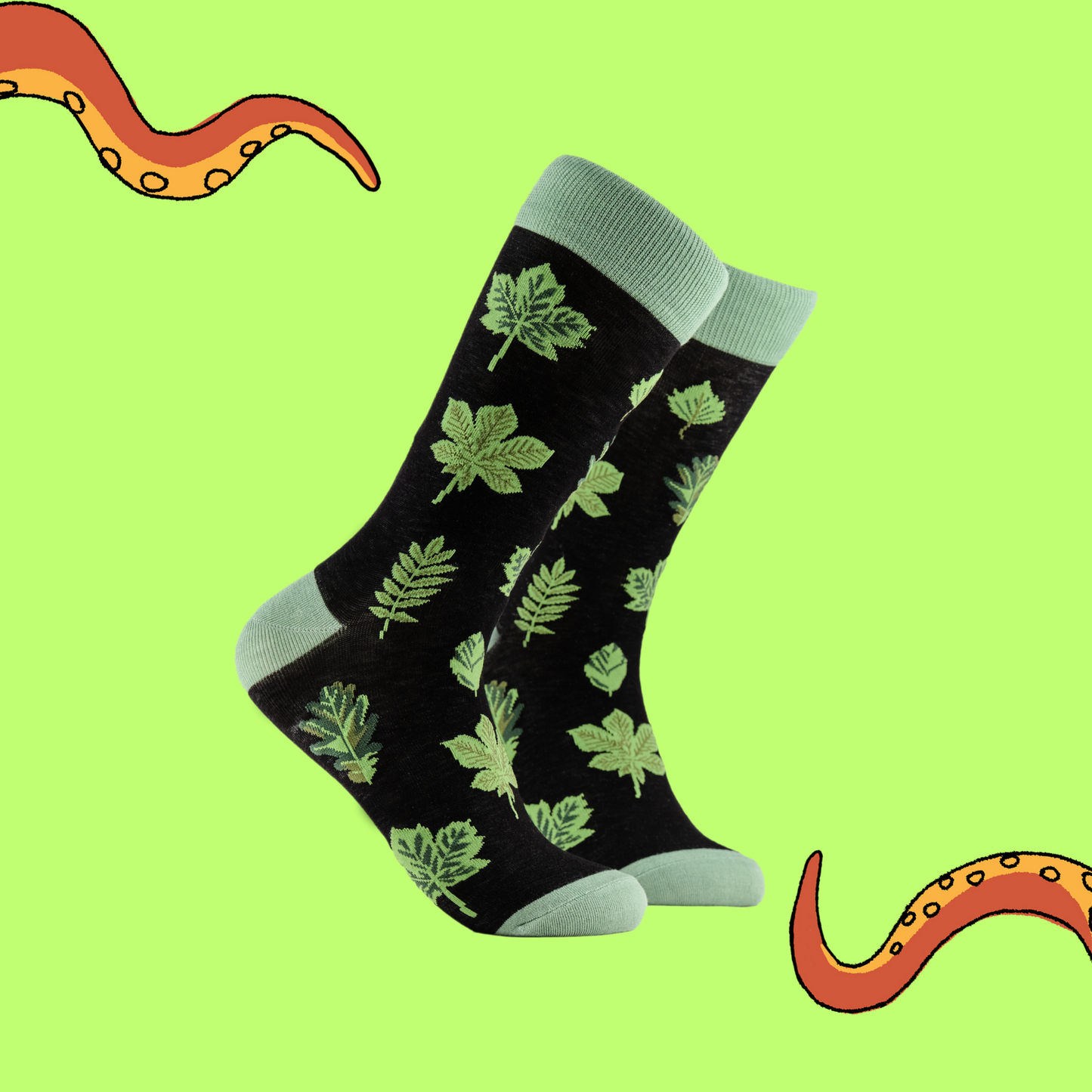 A pair of socks depicting bamboo leaves. Black legs, light green cuff, heel and toe.
