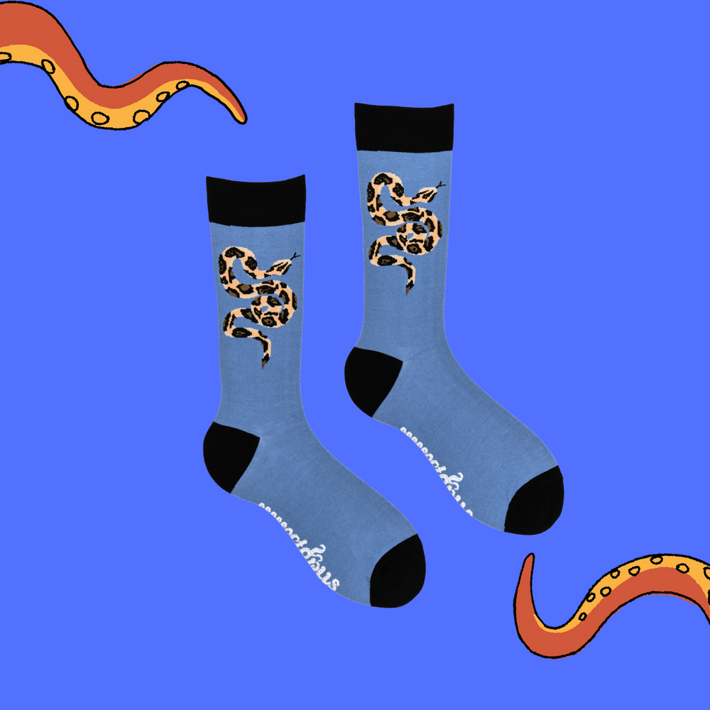 
                  
                    A pair of socks depicting a python. Blue legs, black cuff, heel and toe.
                  
                