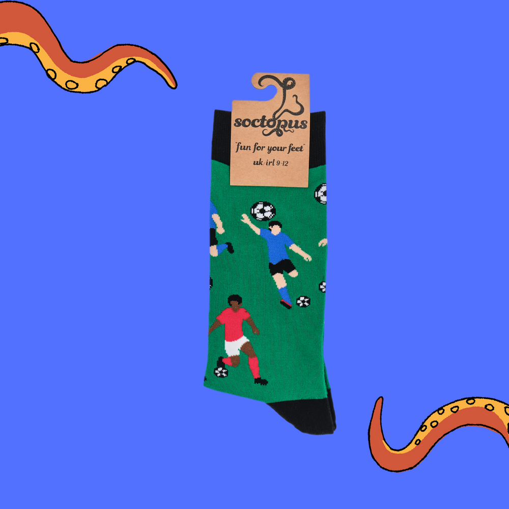 
                  
                    A pair of socks depicting footballers. Green legs, black cuff, heel and toe. In Soctopus Packaging.
                  
                