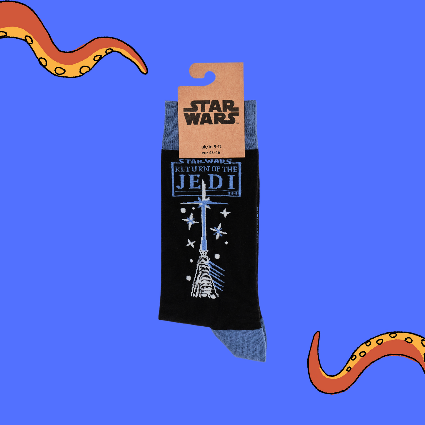 
                  
                    A pair of socks depicting hands holding a lightsaber. Black legs, blue cuff, heel and toe. In Soctopus Packaging. 
                  
                