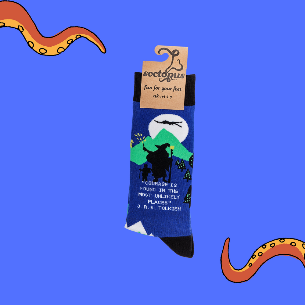 
                  
                    A pair of socks depicting middle earth. Blue legs, black cuff, heel and toe. In Soctopus Packaging.
                  
                