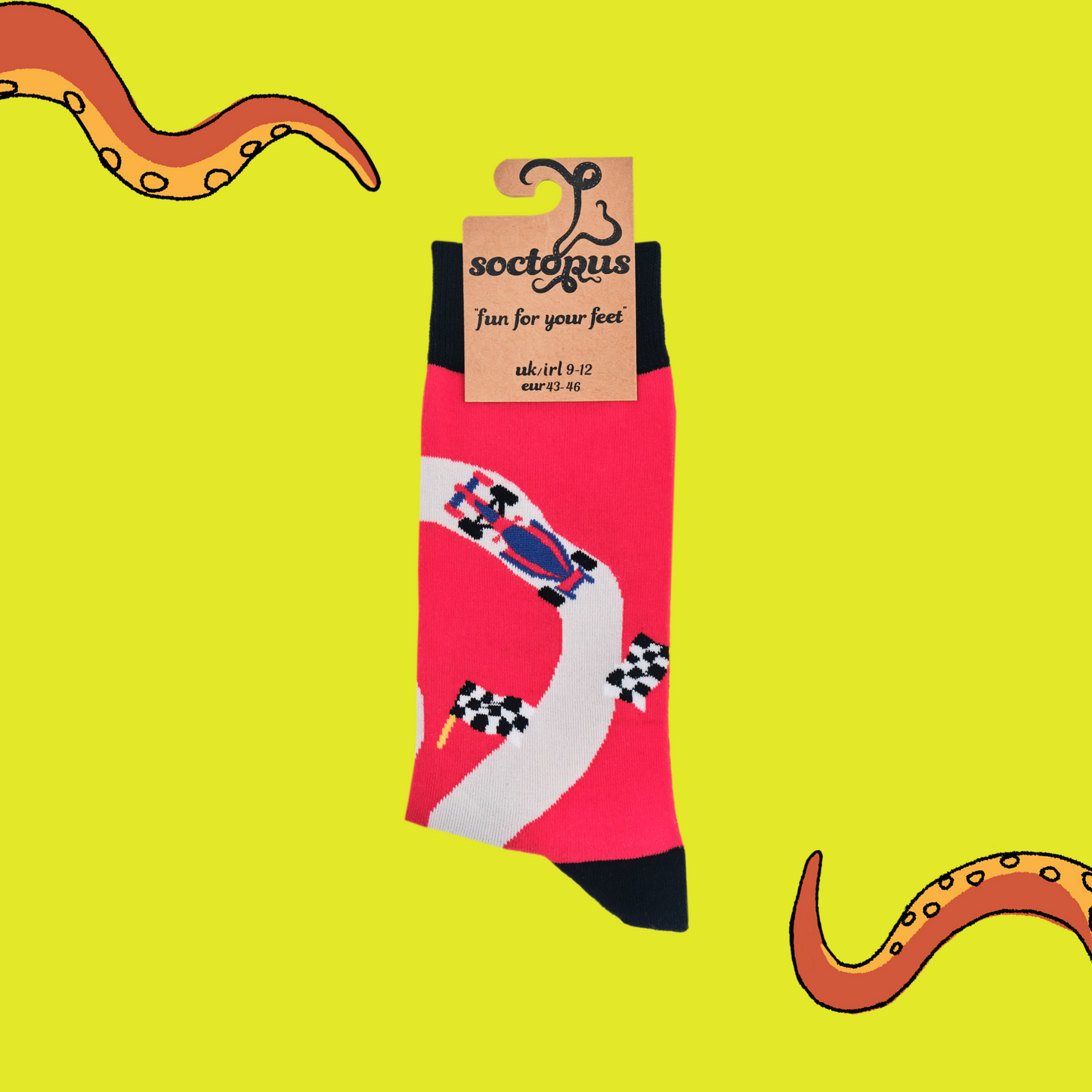 
                  
                    A pair of socks depicting F1 cars. Red legs, black cuff, heel and toe. In Soctopus Packaging.
                  
                
