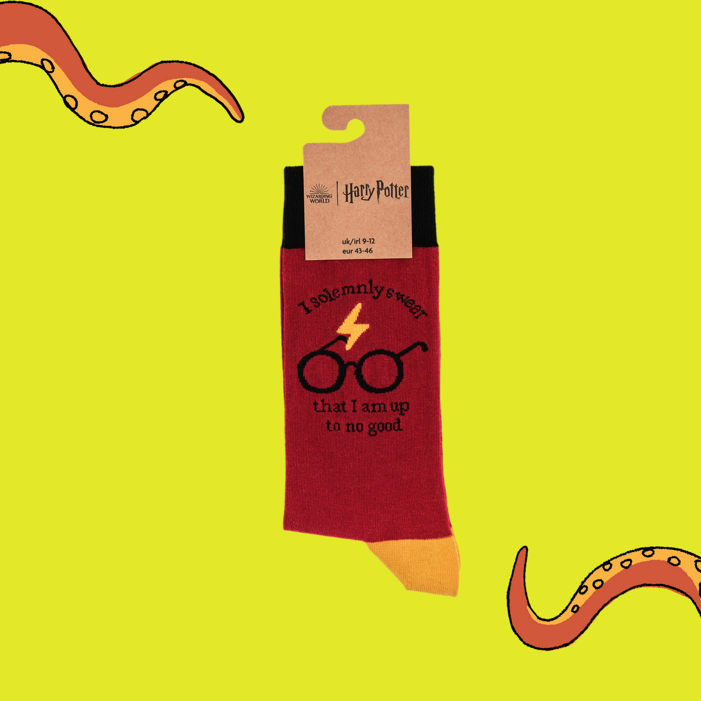
                  
                    A pair of socks depicting Harry Potter glasses. Red legs, black cuff, yellow heel and toe. In Soctopus Packaging.
                  
                