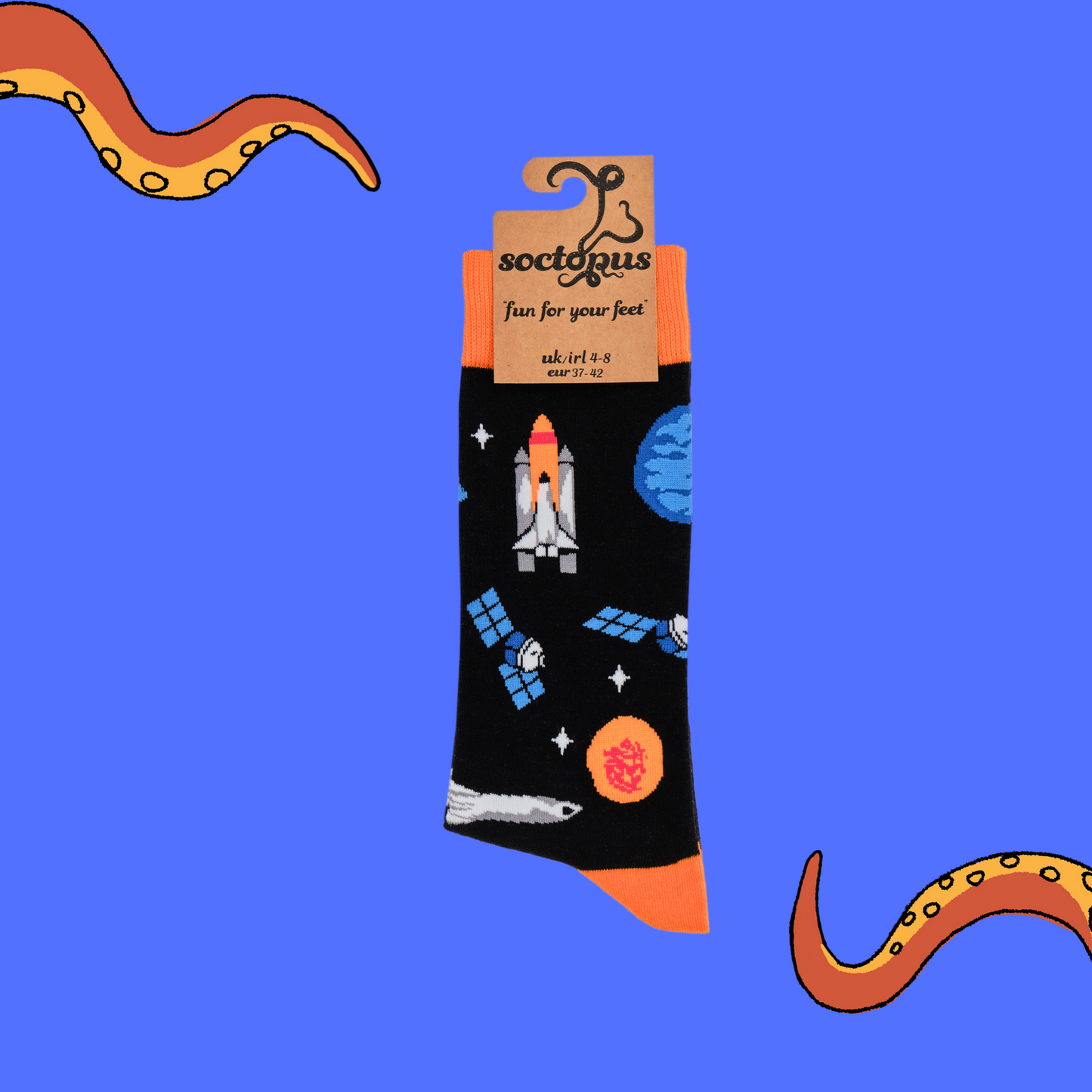 
                  
                    A pair of socks depicting space craft in space. Black legs, orange cuff, heel and toe. In Soctopus Packaging.
                  
                