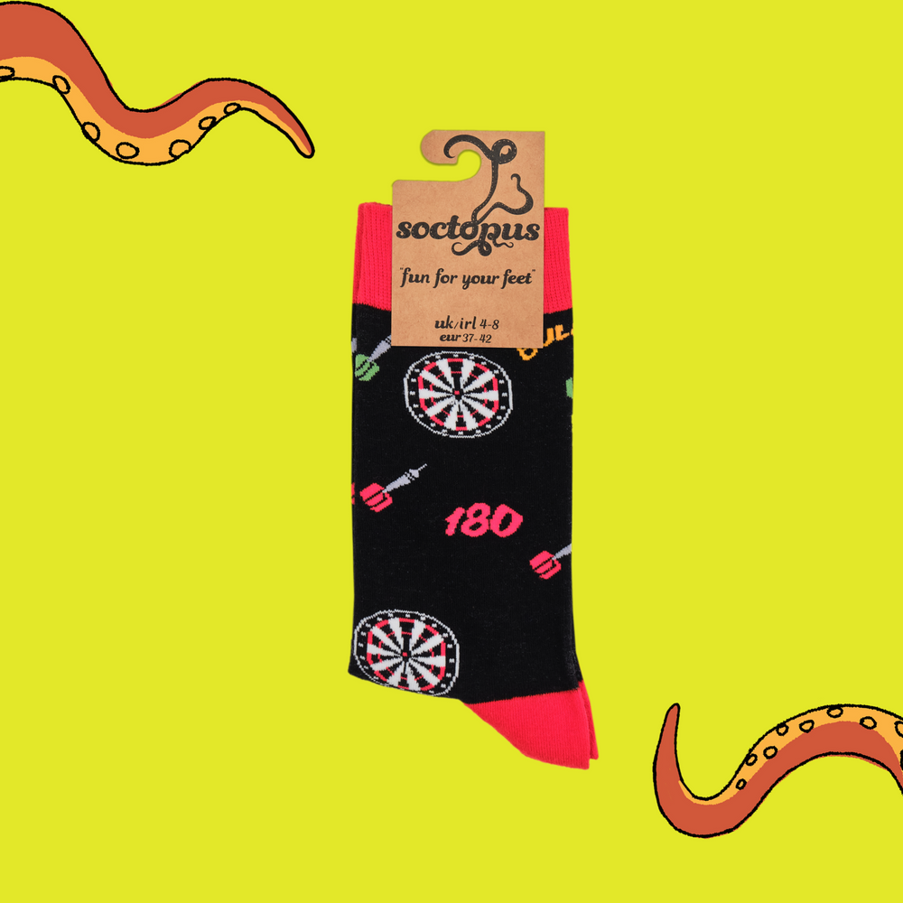
                  
                    A pair of socks depicting darts and dartboards. Black legs, red cuff, heel and toe. In Soctopus Packaging.
                  
                