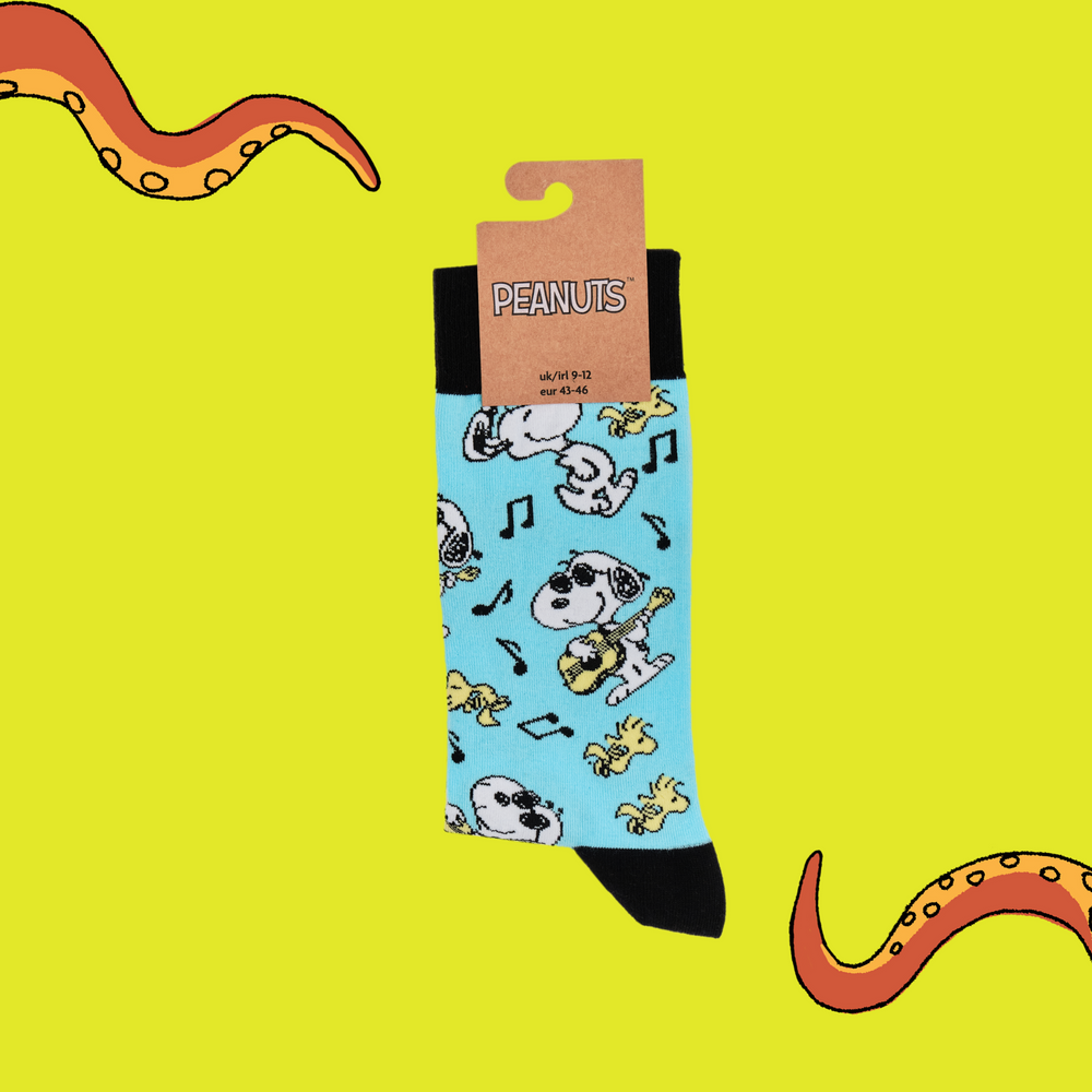 
                  
                    A pair of socks depicting snoopy and woodstock jamming. Turquoise legs, black cuff, heel and toe. In Soctopus Packaging.
                  
                