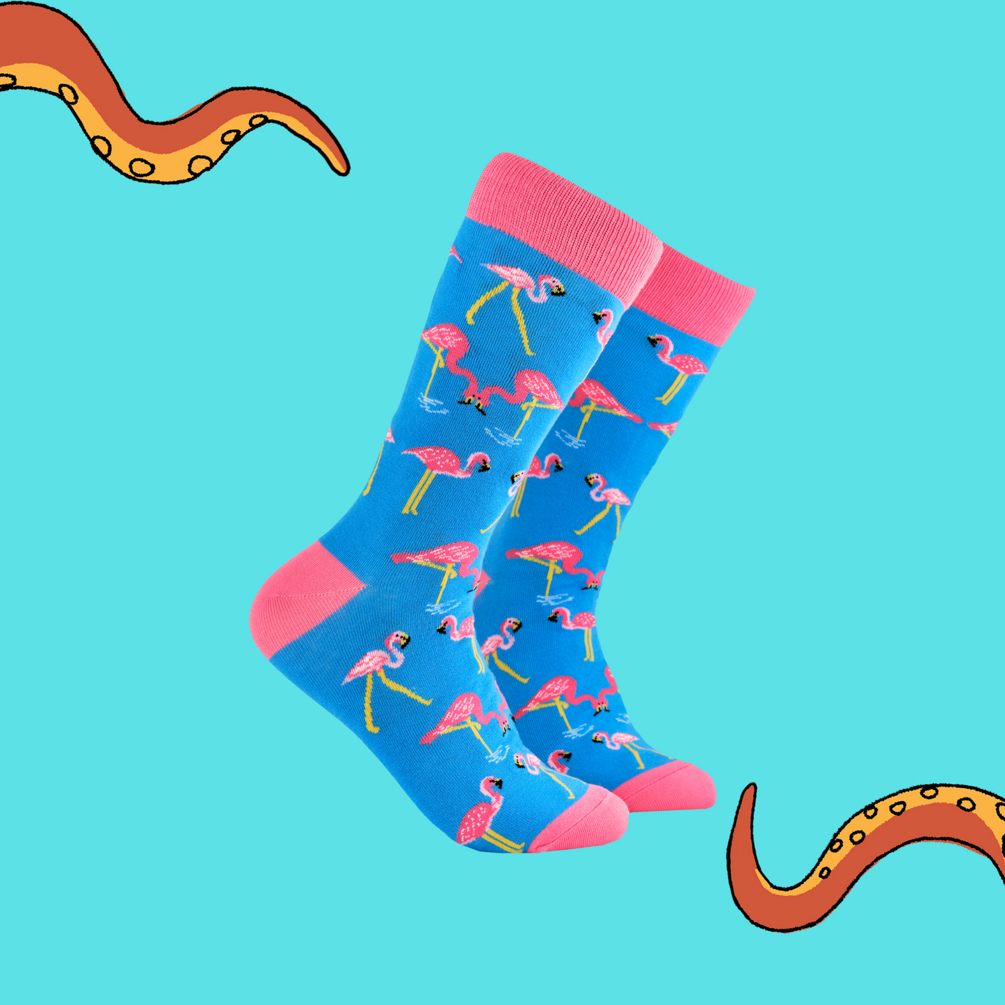 A pair of socks depicting flamingos. Light blue legs, pink cuff, heel and toe.