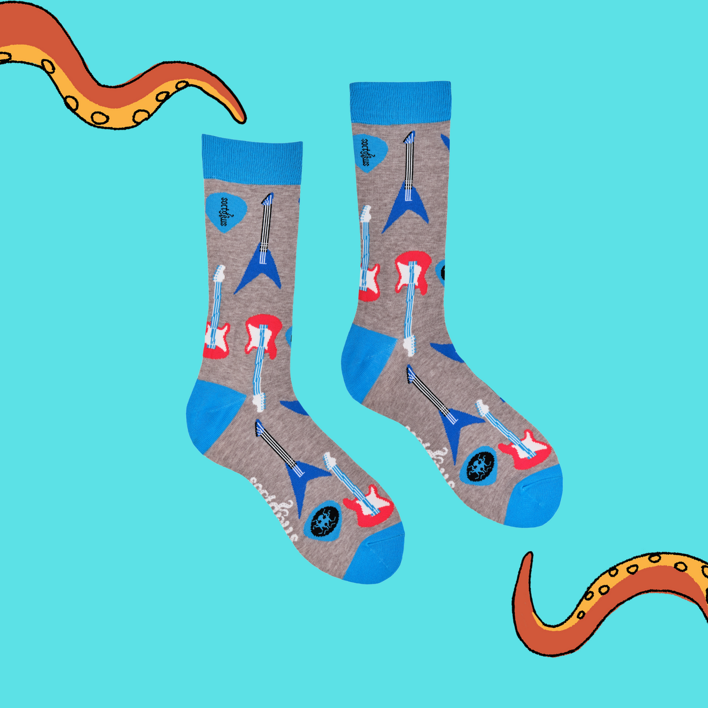 
                  
                    A pair of socks depicting classic rock guitars. Grey legs, blue cuff, heel and toe.
                  
                