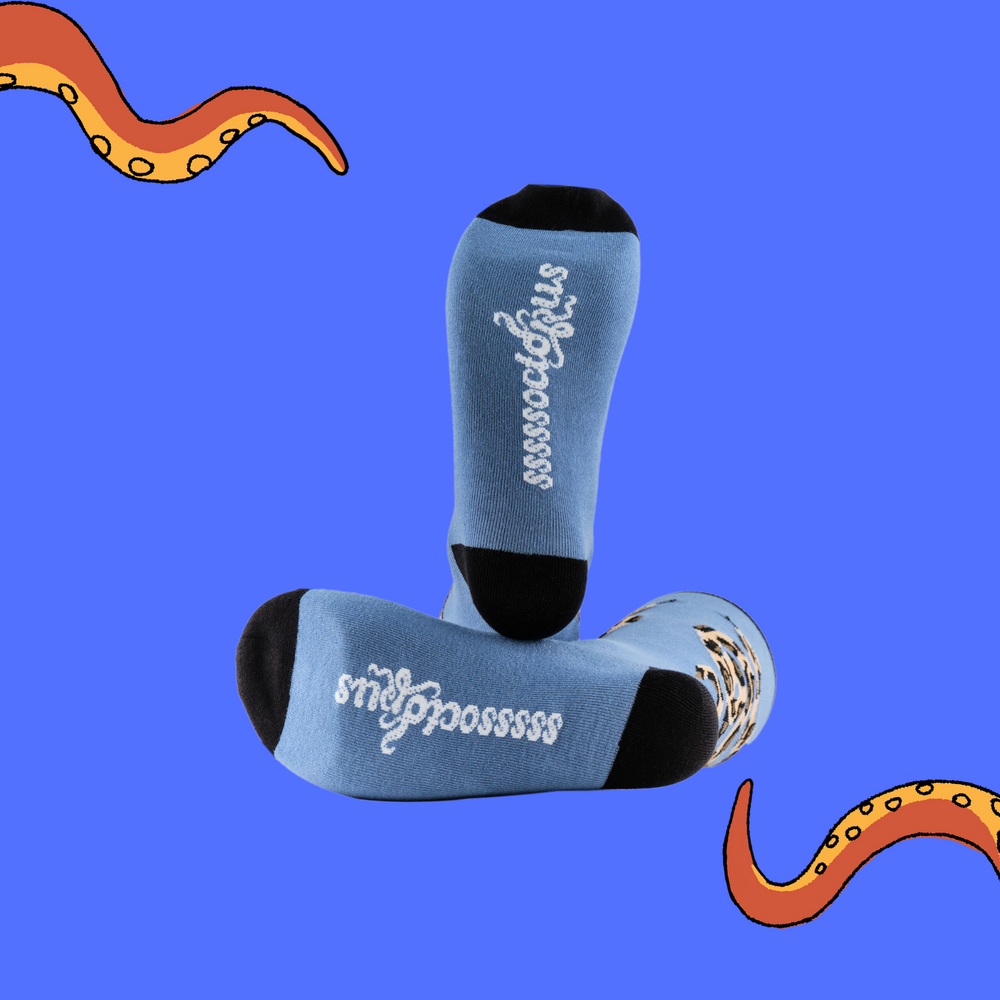 
                  
                    A pair of socks depicting a python. Blue legs, black cuff, heel and toe. 
                  
                