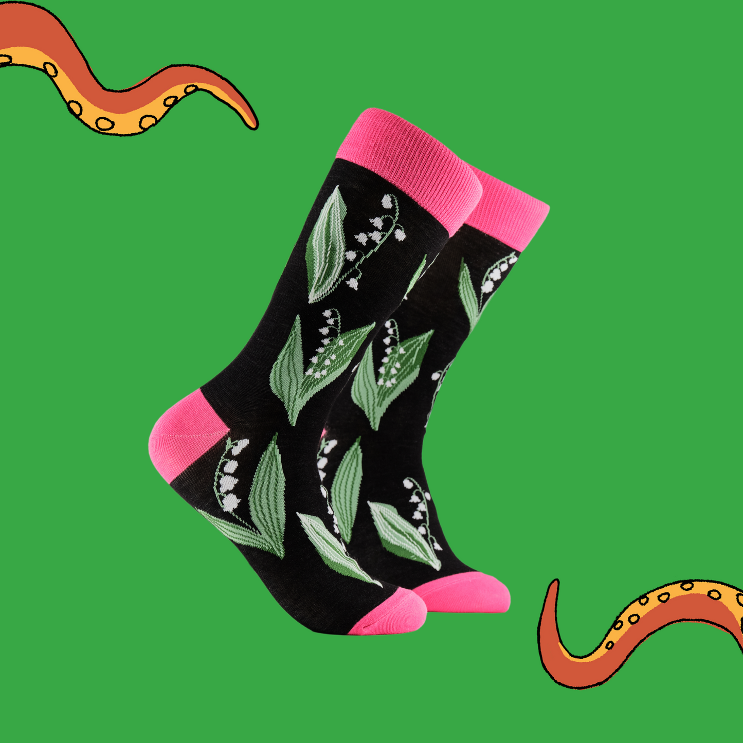 A pair of socks depicting Lilly of the Morning flowers. Black legs, pink cuff, heel and toe.