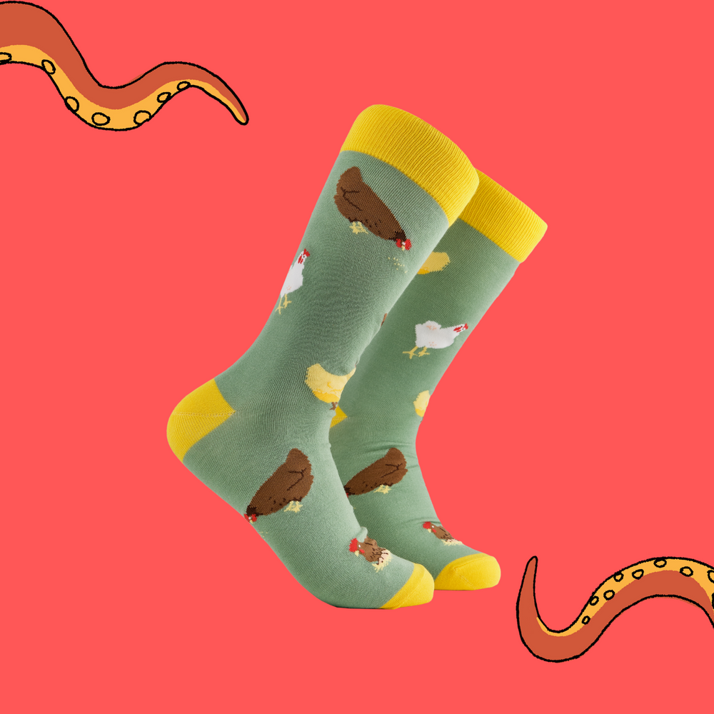 A pair of socks depicting chickens. Green legs, yellow cuff, heel and toe.