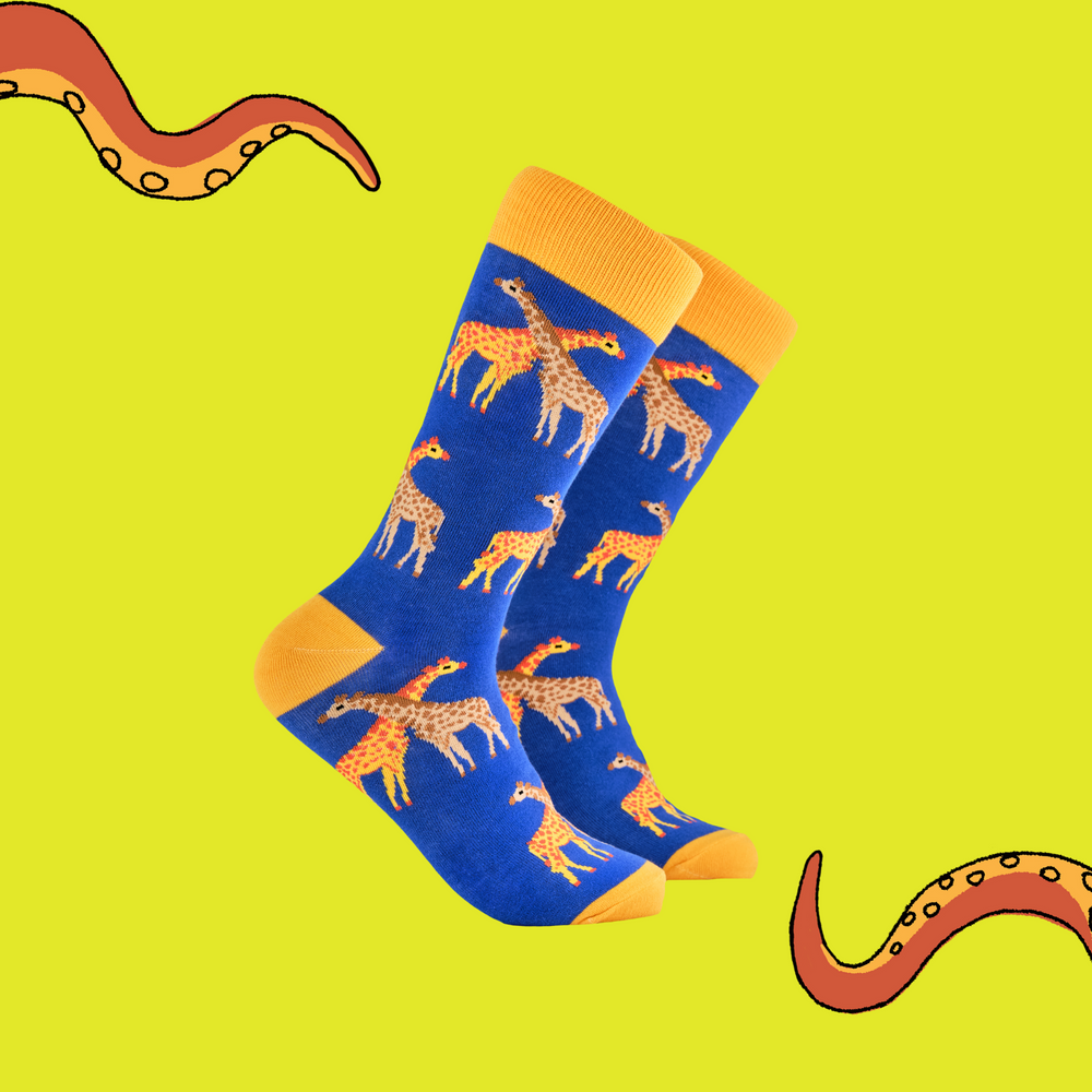 A pair of socks depicting giraffes. Royal blue legs, yellow cuff, heel and toe.