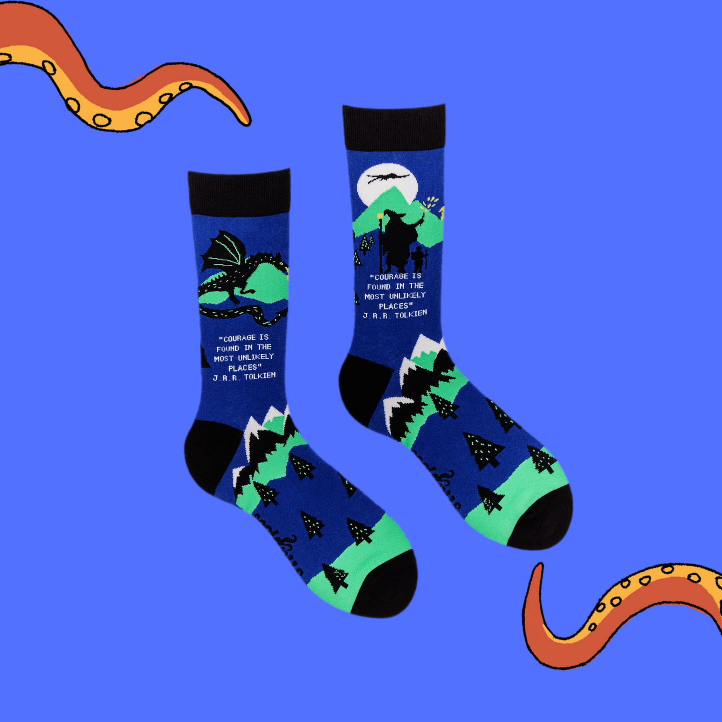 
                  
                    A pair of socks depicting middle earth. Blue legs, black cuff, heel and toe.
                  
                