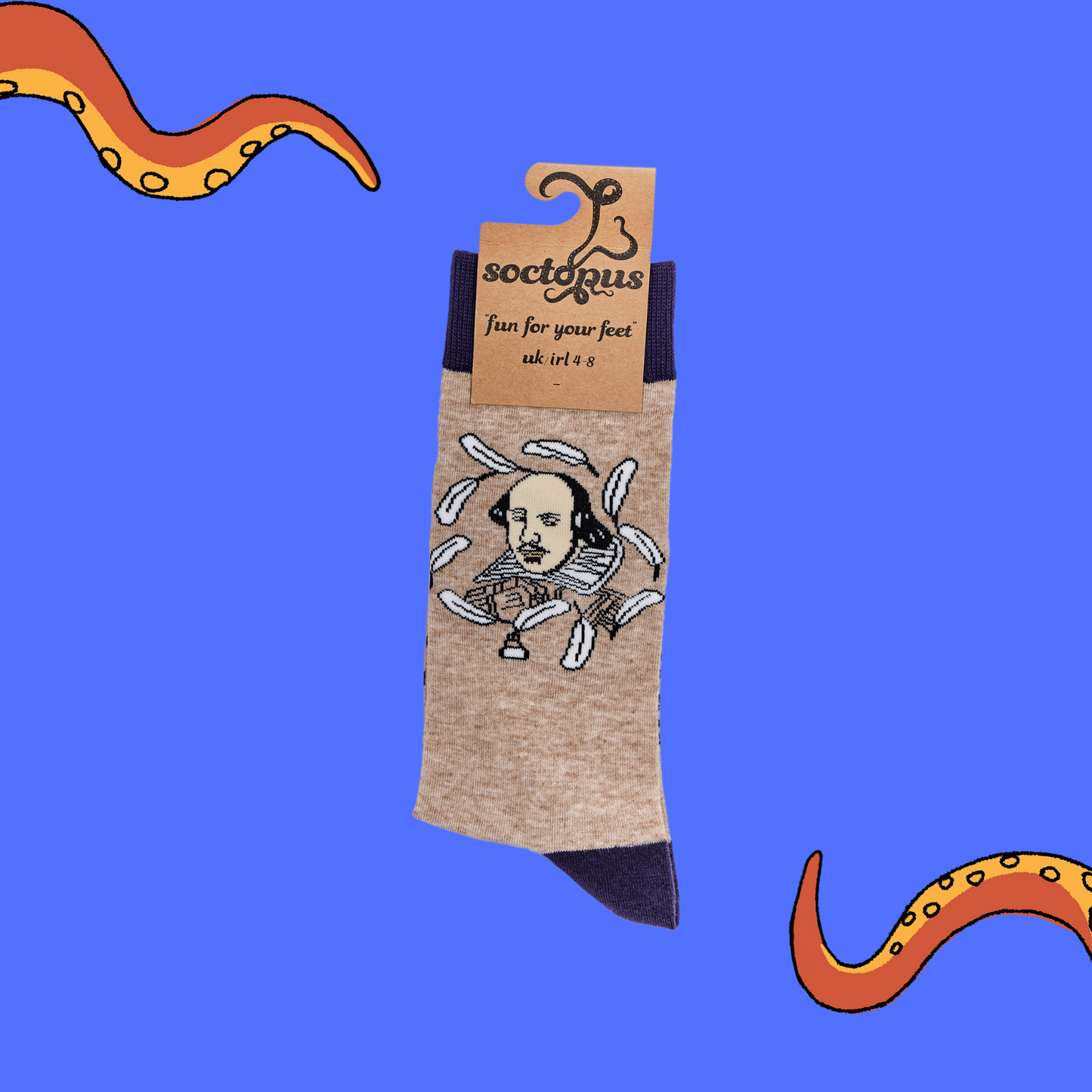 
                  
                    A pair of socks depicting William Shakespeare. Oatmeal legs, purple cuff, heel and toe. In Soctopus Packaging.
                  
                
