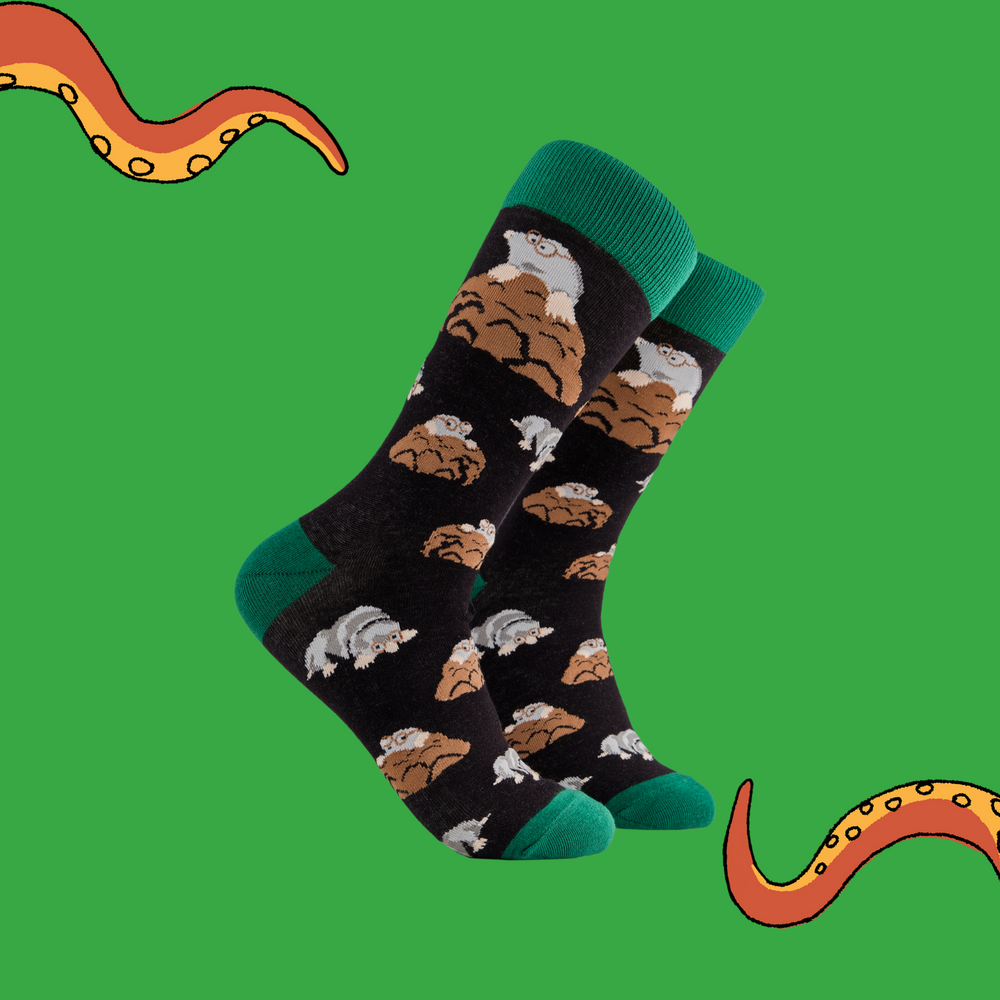 A pair of socks depicting adorable moles digging. Black legs, green cuff, heel and toe.