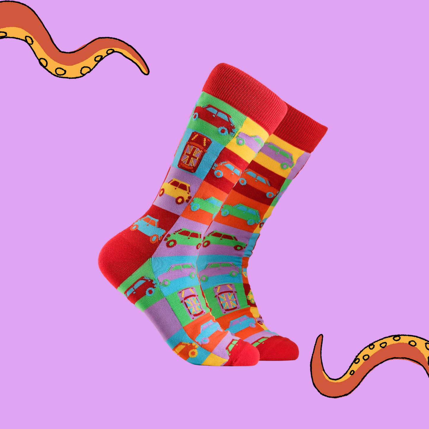 A pair of socks depicting the iconic Mini Cooper. Multicoloured legs, red cuff, heel and toe.
