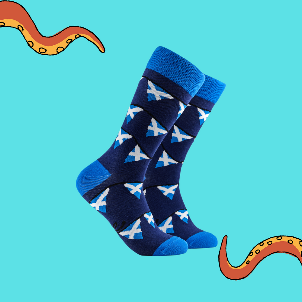 A pair of socks depicting the Scottish flat on bunting. Dark blue legs, light blue cuff, heel and toe.