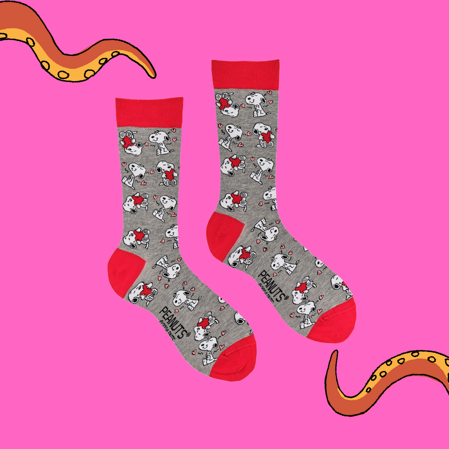 
                  
                    A pair of socks depicting Snoopy and love hearts. Grey legs, red cuff, heel and toe.
                  
                