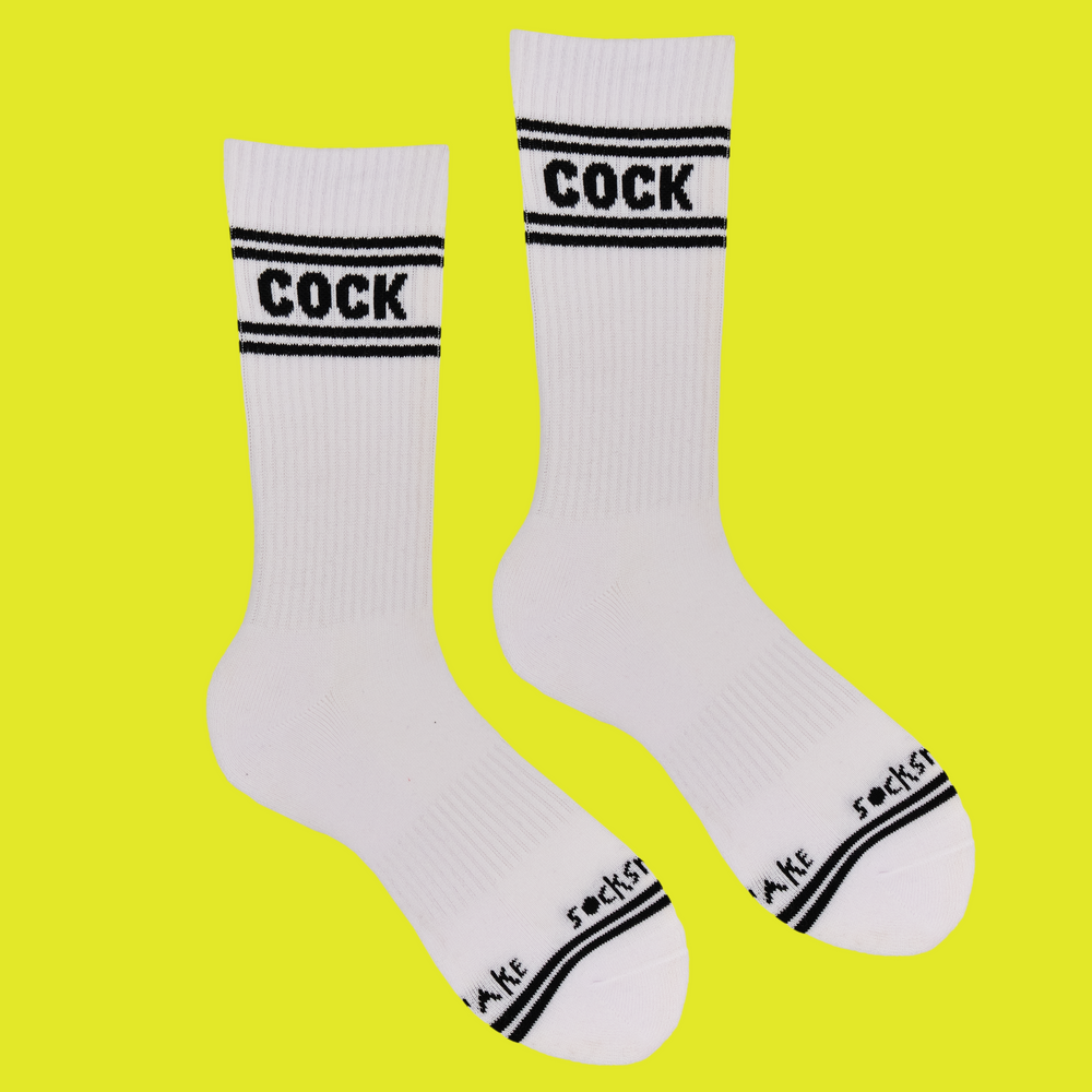 A white pair of athletic socks with white trim on the ankles and toes. A euphemism for the male genitals on the ankle.