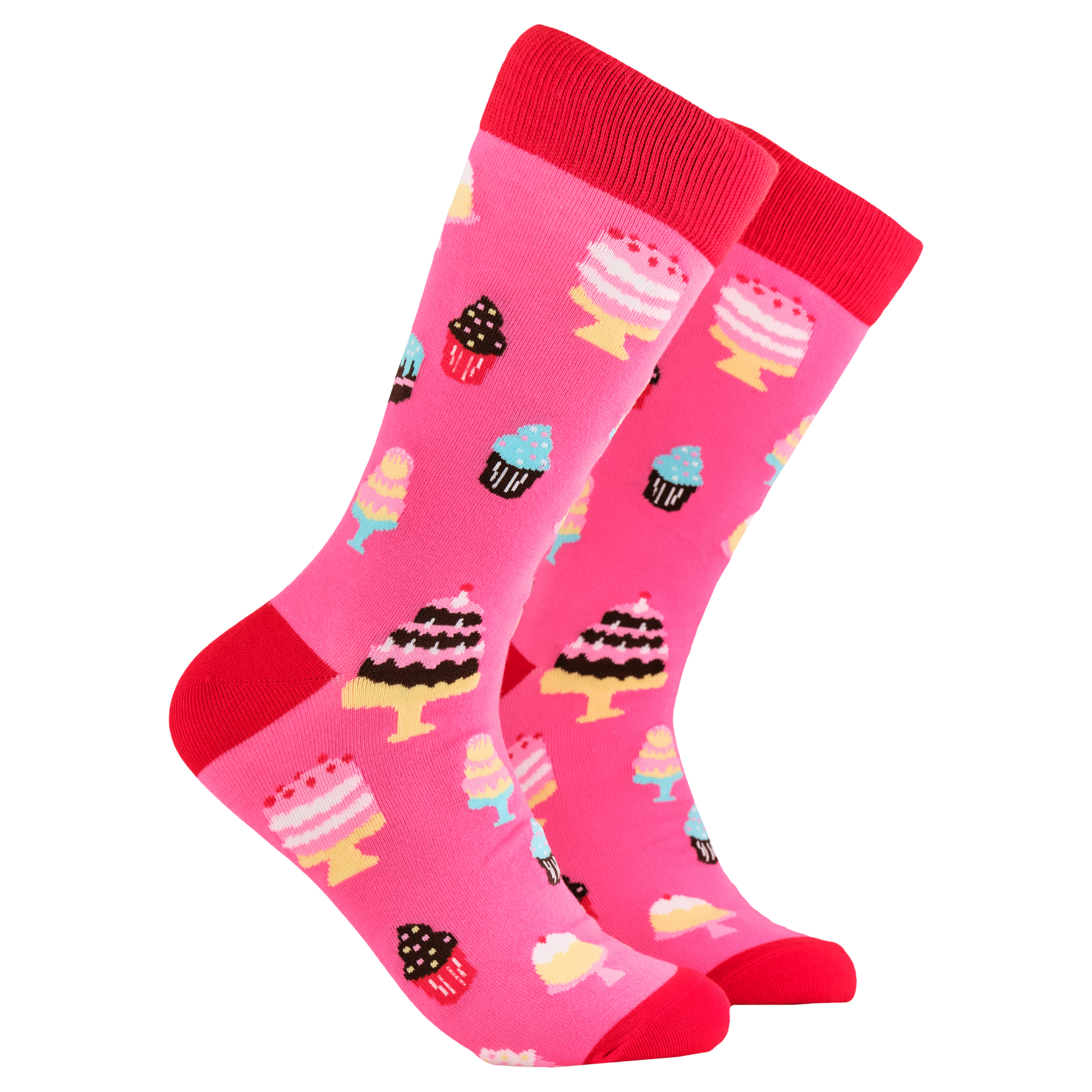 Cake Lover Socks. A pair of socks depicting cakes. Pink legs, red cuff, heel and toe.