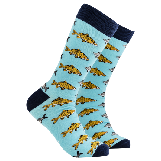 Carp Fishing Socks - Carpe Diem. A pair of socks depicting Koi carp fish. Blue legs, dark blue cuff, heel and toe.