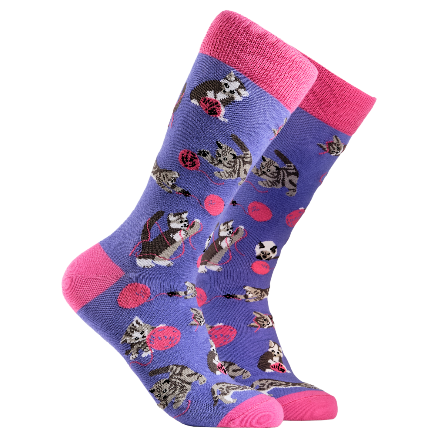 Cats and Wool Socks. A pair of socks depicting cats playing with wool. Purple legs, pink cuff, heel and toe.