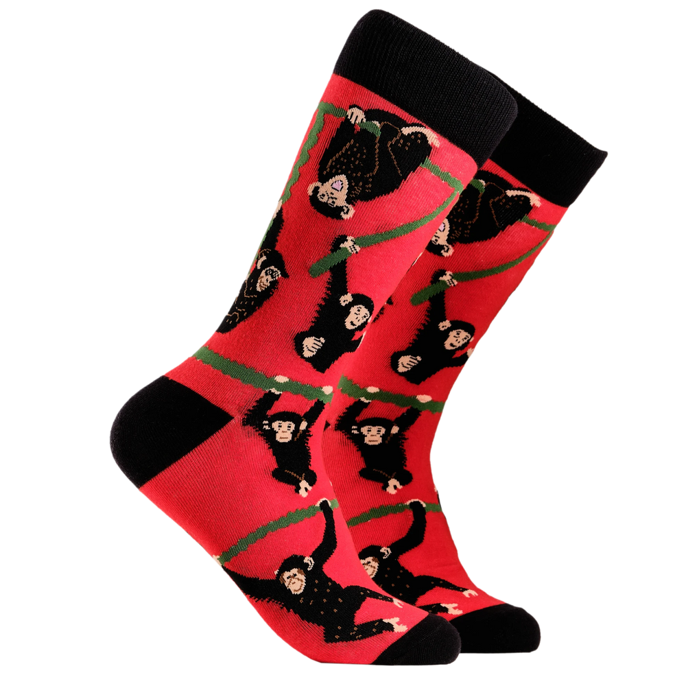Chimpanzees Socks. A pair of socks depicting playful chimpanzees. Red legs, black cuff, heel and toe.