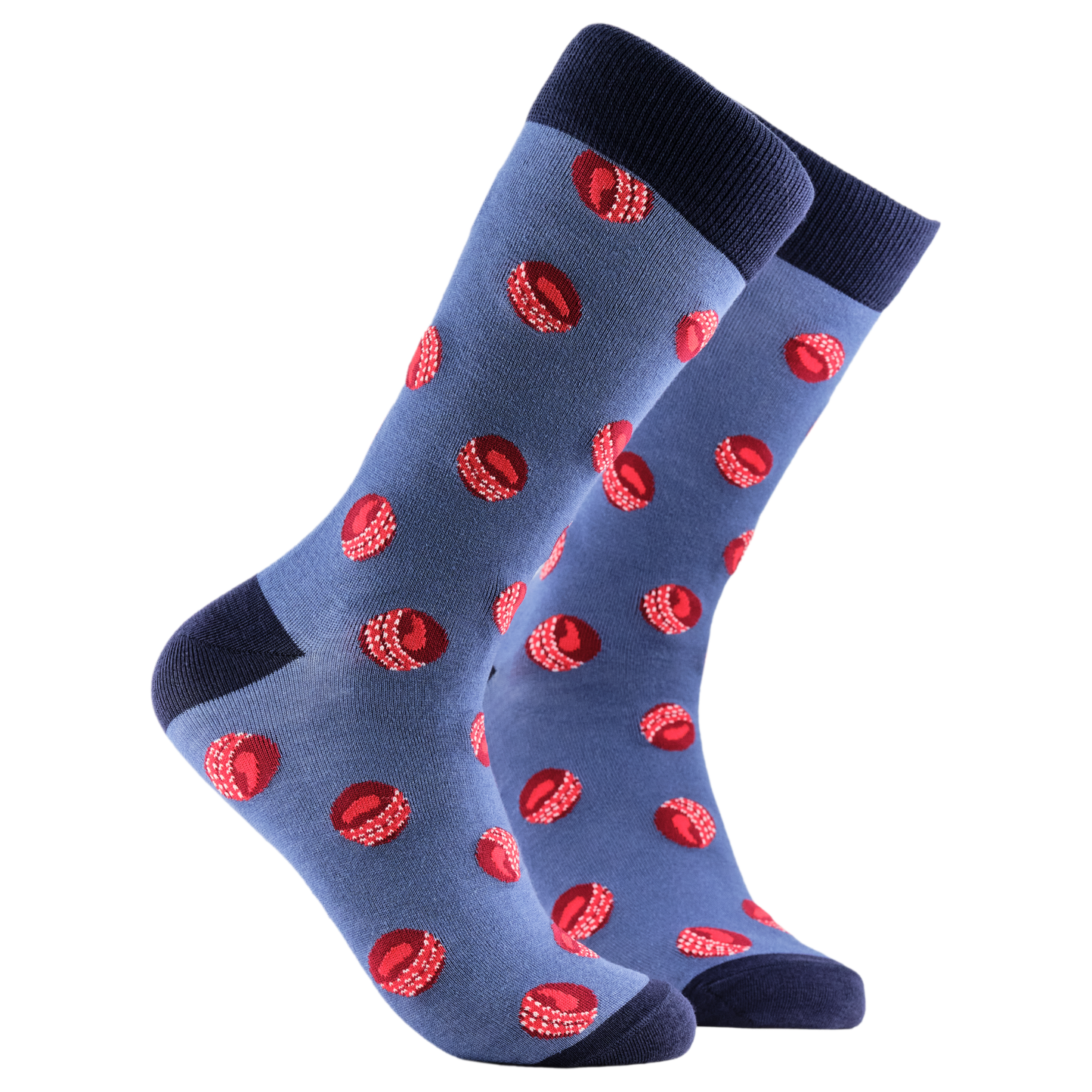 Cricket Balls Bamboo Socks. A pair of socks with a cricket ball pattern. Blue legs, dark blue cuff, heel and toe.