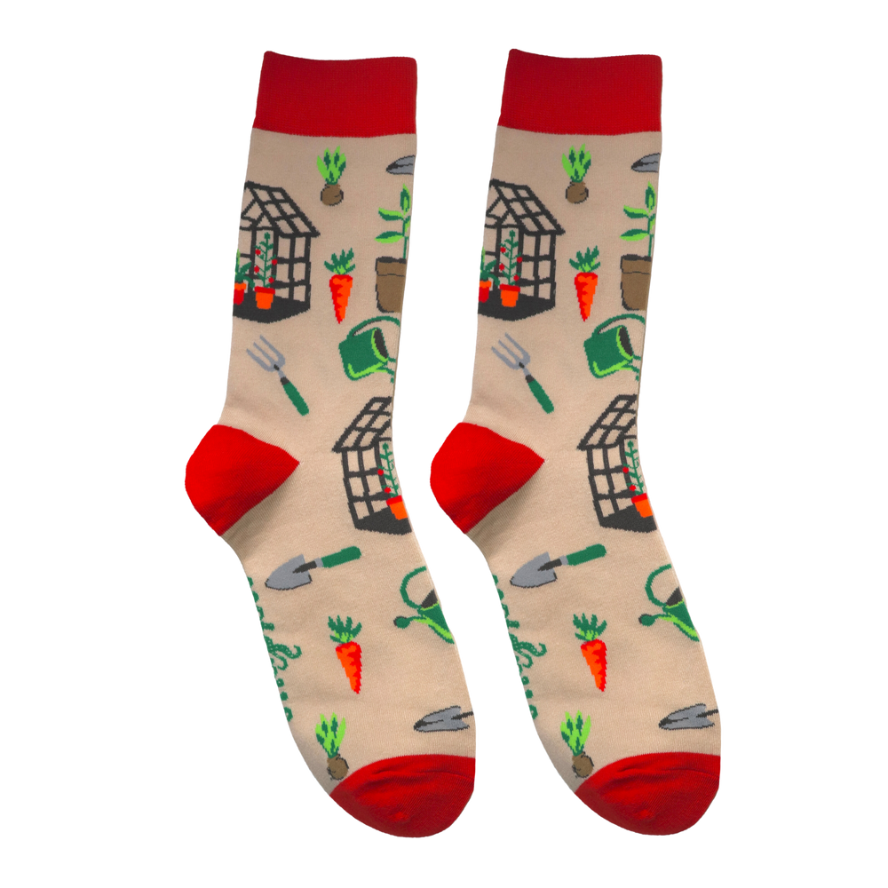 
                  
                    A pair of socks depicting garden tools and greenhouses. Cream legs, red cuff, heel and toe.
                  
                