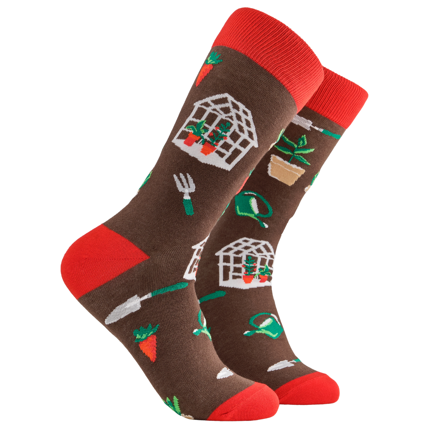 
                  
                    A pair of socks depicting garden tools and greenhouses. Brown legs, red cuff, heel and toe.
                  
                