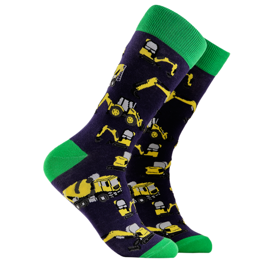 Farming Socks - Diggers. A pair of socks depicting yellow diggers and construction vehicles. Dark blue legs, green cuff, heel and toe.