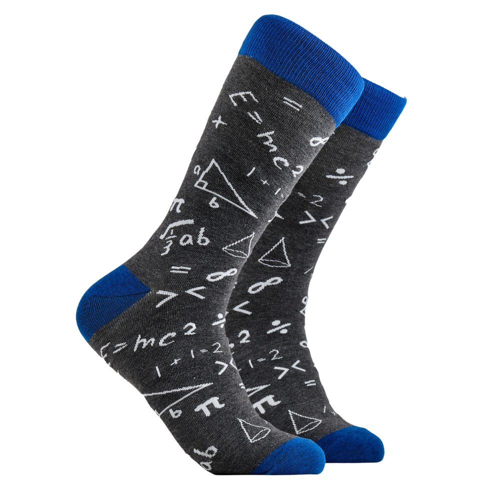 Maths Socks - Do These Add Up? A pair of socks depicting mathematical equations. Grey legs, blue cuff, heel and toe.