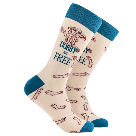 Harry Potter Socks - Dobby. A pair of socks depicting Dobby the house elf. Cream legs, blue cuff, heel and toe.