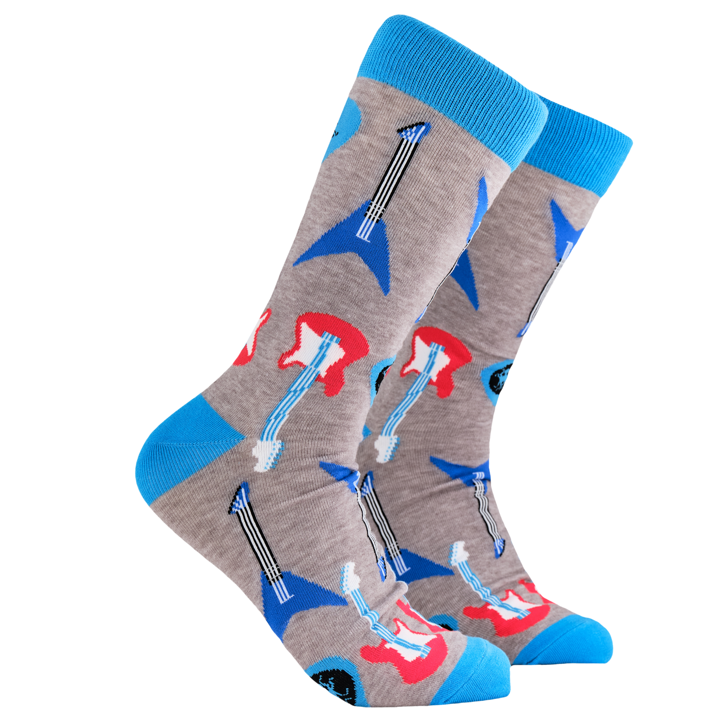 Electric Guitar Socks - Electric Strings. A pair of socks depicting classic rock guitars. Grey legs, blue cuff, heel and toe.