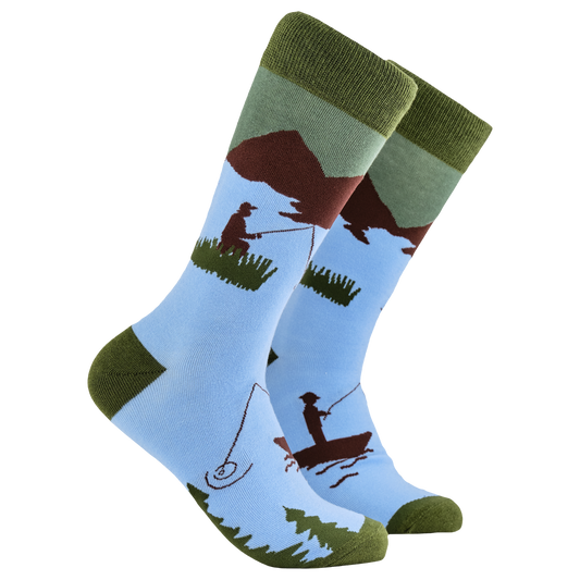 Fishing Socks - Fly Guy. A pair of socks depicting fishermen on the water. Blue legs, green cuff, heel and toe.